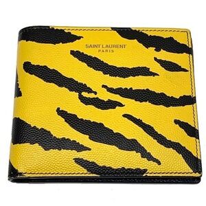 SAINT LAURENT PARIS Bifold Wallet Black Yellow Tiger Leopard Animal